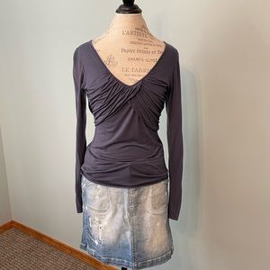 Long sleeve tie back blue/grey blouse